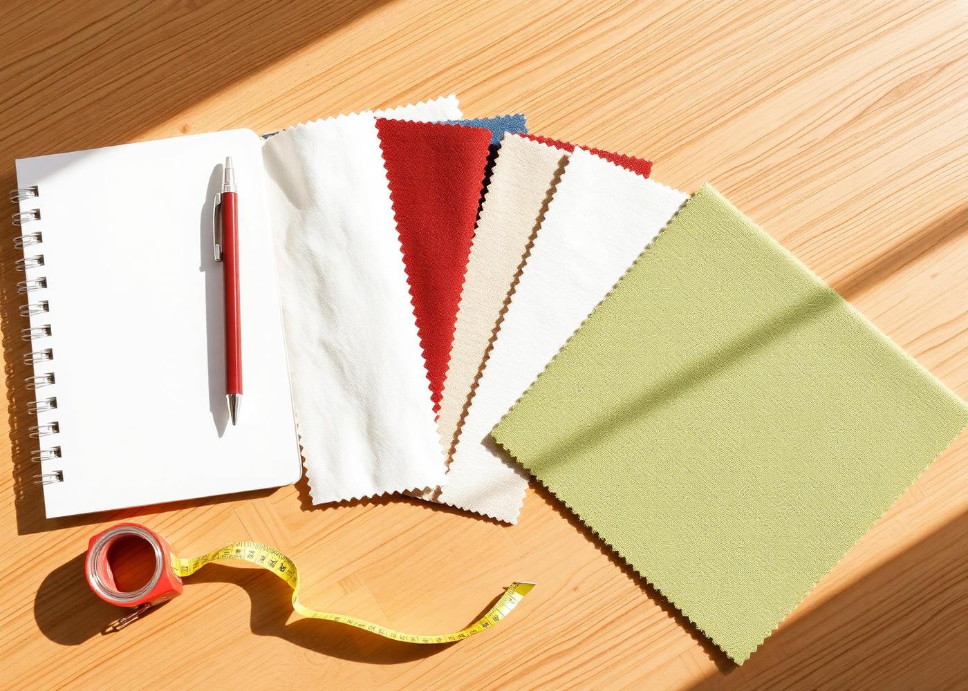 Window treatment fabric samples and a measuring tape on a table