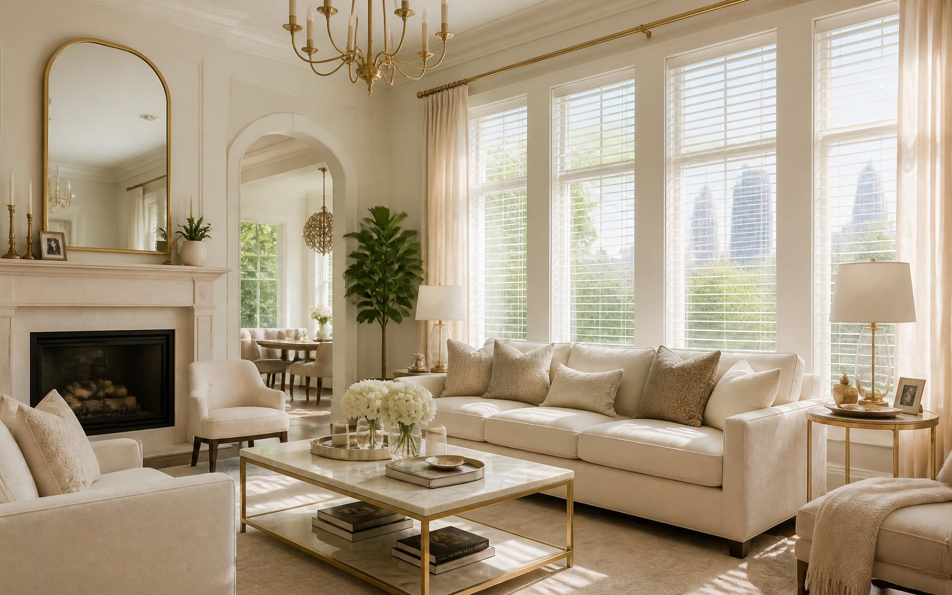 Sunlit Houston living room with custom white wood blinds
